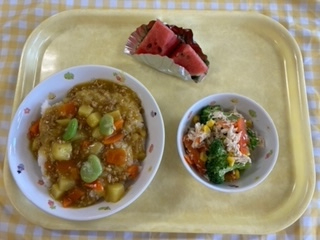 そら豆カレー、チキンサラダ、すいか
